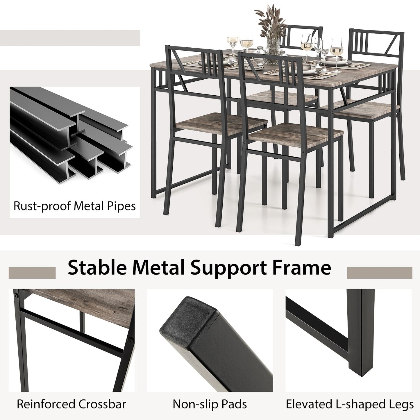 Industrial-Style Kitchen Table and 4 Chairs with Wood like Tabletop and Metal Frame