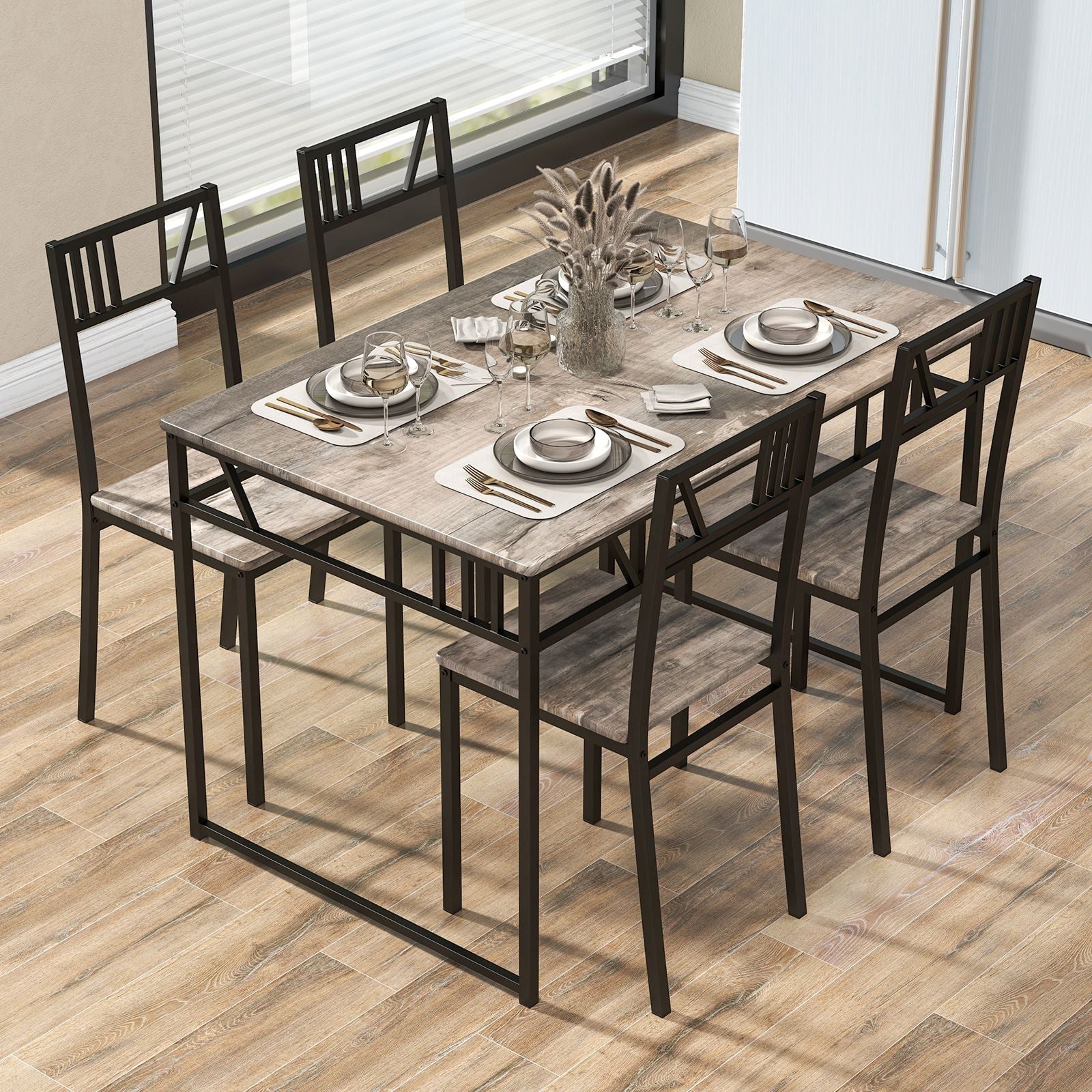 Industrial-Style Kitchen Table and 4 Chairs with Wood like Tabletop and Metal Frame