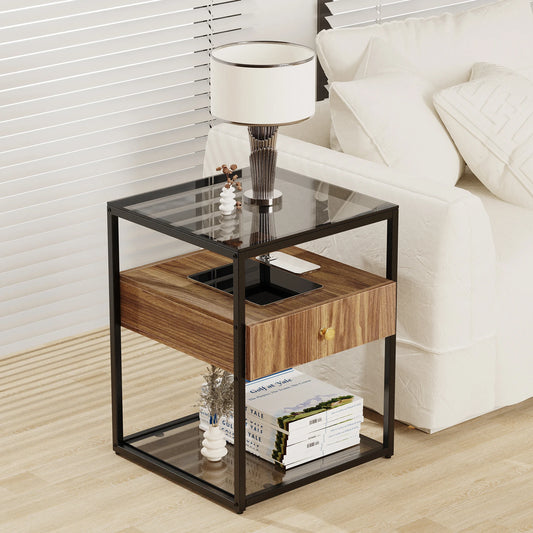 Tempered Glass Side Table, Nightstand, with Drawer and Shelf, Decoration in Living Room, Stable Steel Frame