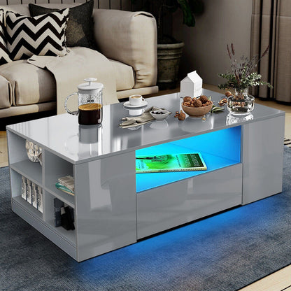 Wooden LED Coffee Table with Storage 2 Drawers Living Room Furniture High Gloss