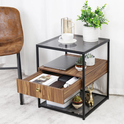 Tempered Glass Side Table, Nightstand, with Drawer and Shelf, Decoration in Living Room, Stable Steel Frame