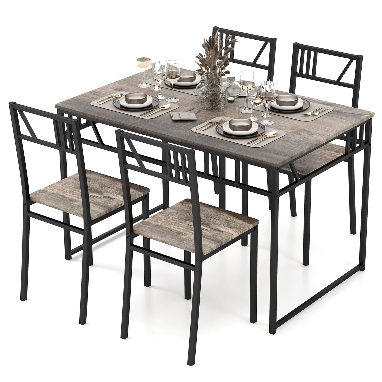 Industrial-Style Kitchen Table and 4 Chairs with Wood like Tabletop and Metal Frame