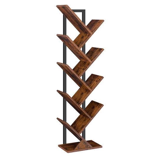 Tree Bookshelf Tall, 9-Tier Floor Standing Book Shelf, Tall Bookcase for Cds Albums, for Living Room, Rustic Brown and Black