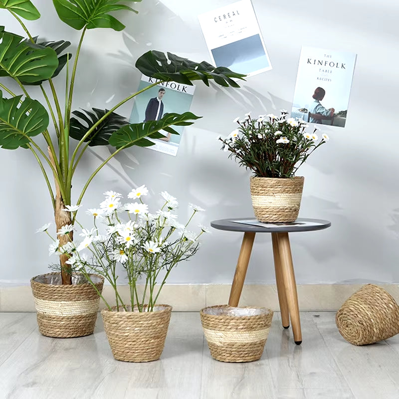 Straw Weaving Flower Plant Pot Basket Grass Planter Basket Indoor Outdoor Flower Pot Cover Plant Containers for Plantable Plants