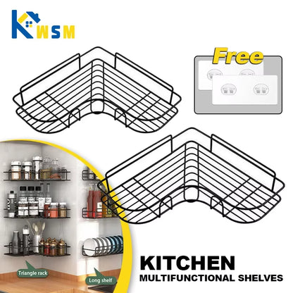 New Kitchen Shelf Drill-Free Metal Shelf Wall Mounted Spice Organizer Kitchen Multifunctional Corner Shelf Kitchen Accessories